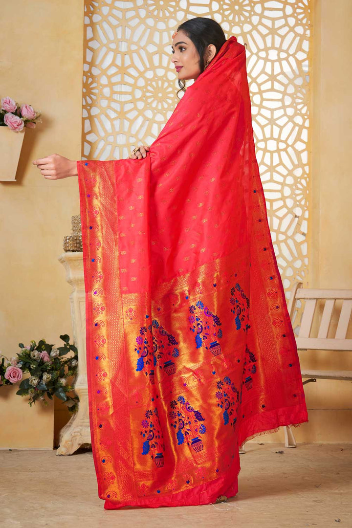 Glamorous Peach Color Fancy Pallu and Border Work Paithani Silk Saree | Buy Online India