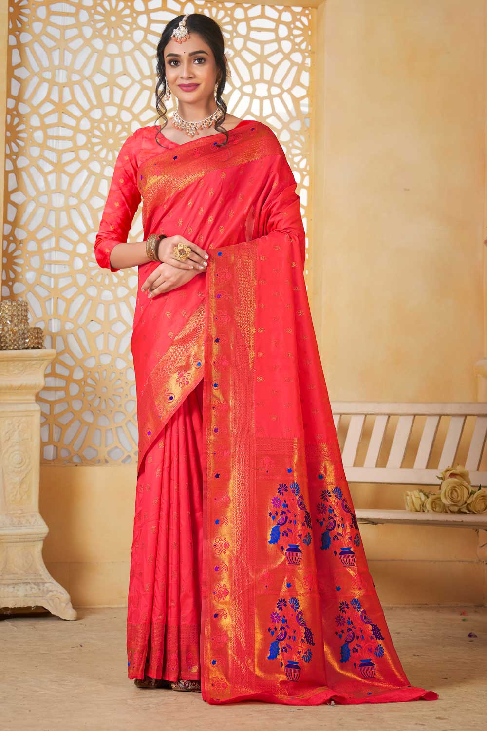 Glamorous Peach Color Fancy Pallu and Border Work Paithani Silk Saree | Buy Online India