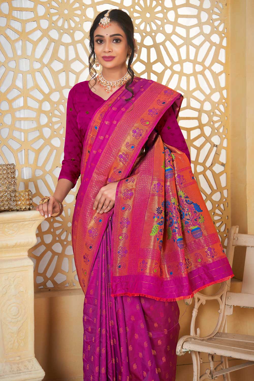 Magenta Color Gorgeous Fancy Pallu and Border Work Paithani Silk Saree | Buy Online India