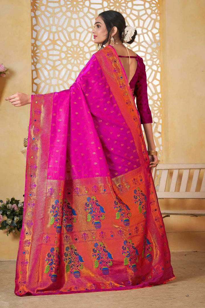 Magenta Color Gorgeous Fancy Pallu and Border Work Paithani Silk Saree | Buy Online India
