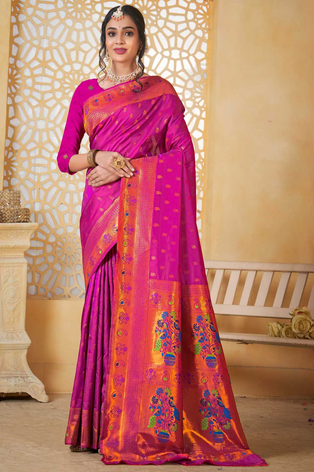 Magenta Color Gorgeous Fancy Pallu and Border Work Paithani Silk Saree | Buy Online India