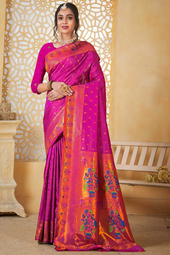 Magenta Color Gorgeous Fancy Pallu and Border Work Paithani Silk Saree | Buy Online India