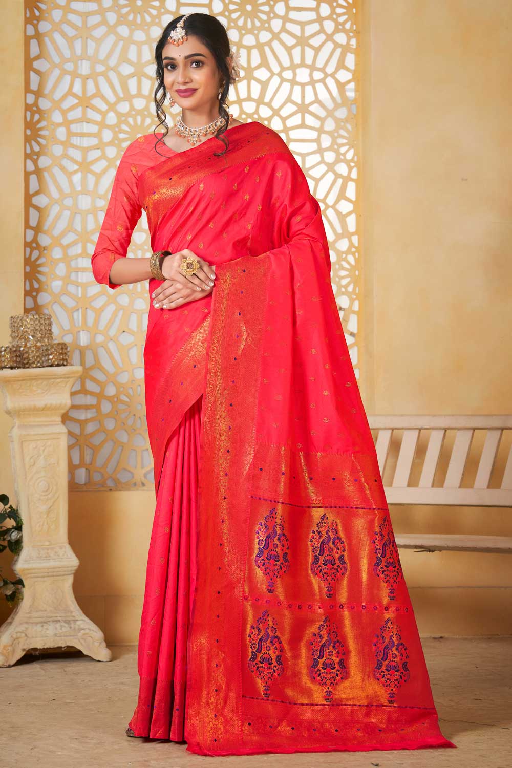 Peach Color Paithani Silk Stunning Saree For Festive | Buy Online India