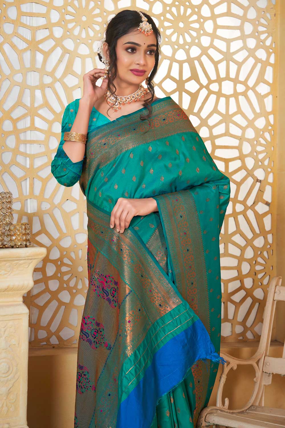 Incredible Traditional Paithani Silk Sea Green Color Saree | Buy Online India