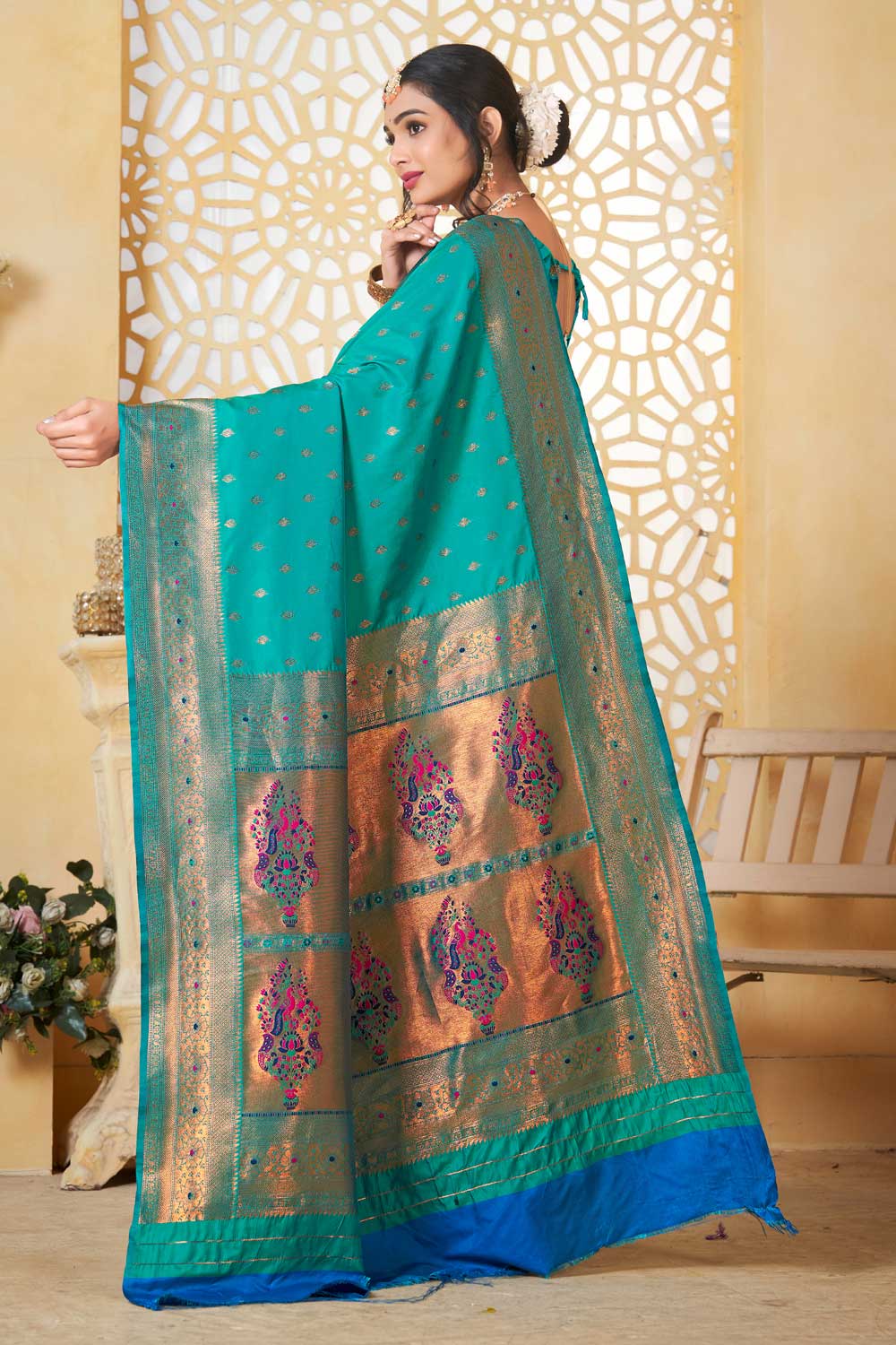 Incredible Traditional Paithani Silk Sea Green Color Saree | Buy Online India