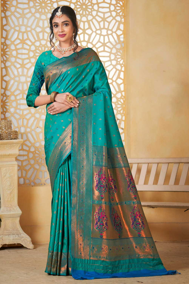 Incredible Traditional Paithani Silk Sea Green Color Saree | Buy Online India