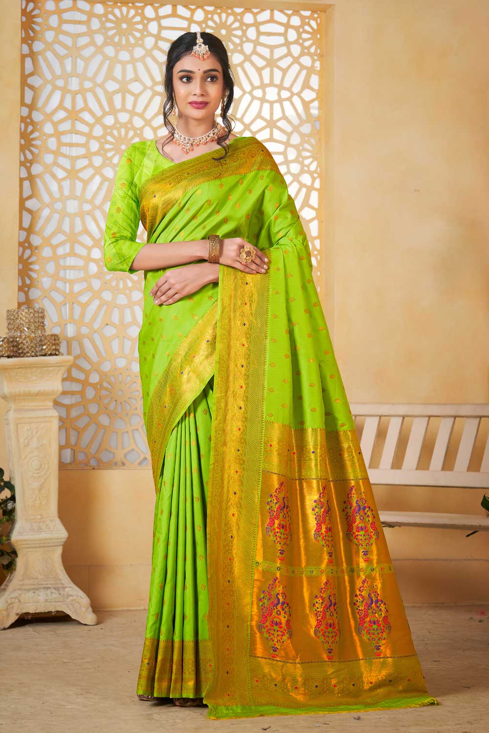 Tempting Paithani Silk Light Green Color Festive Look Saree | Buy Online India