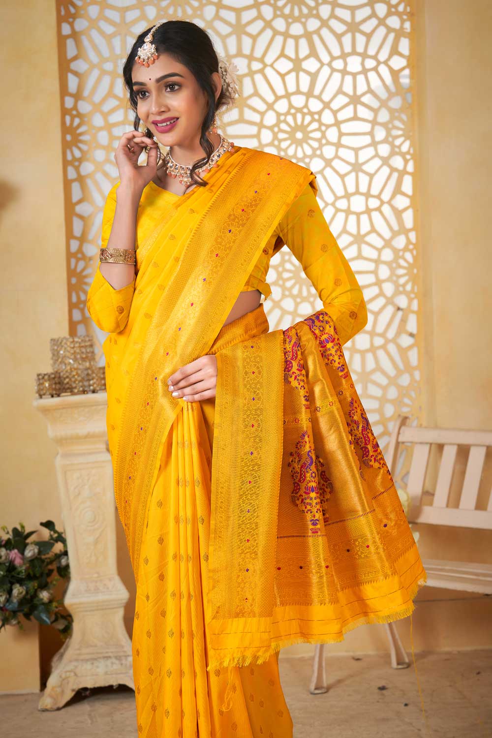 Festive Wear Paithani Silk Yellow Color Delicate Saree | Buy Online India