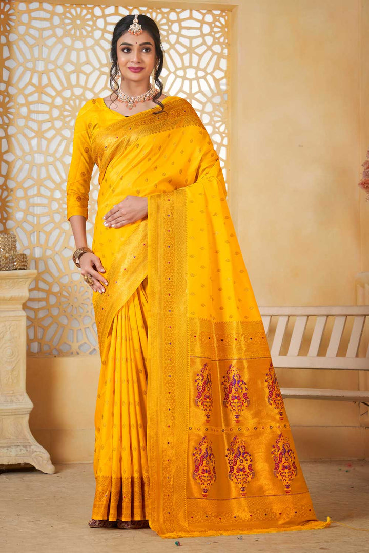 Festive Wear Paithani Silk Yellow Color Delicate Saree | Buy Online India
