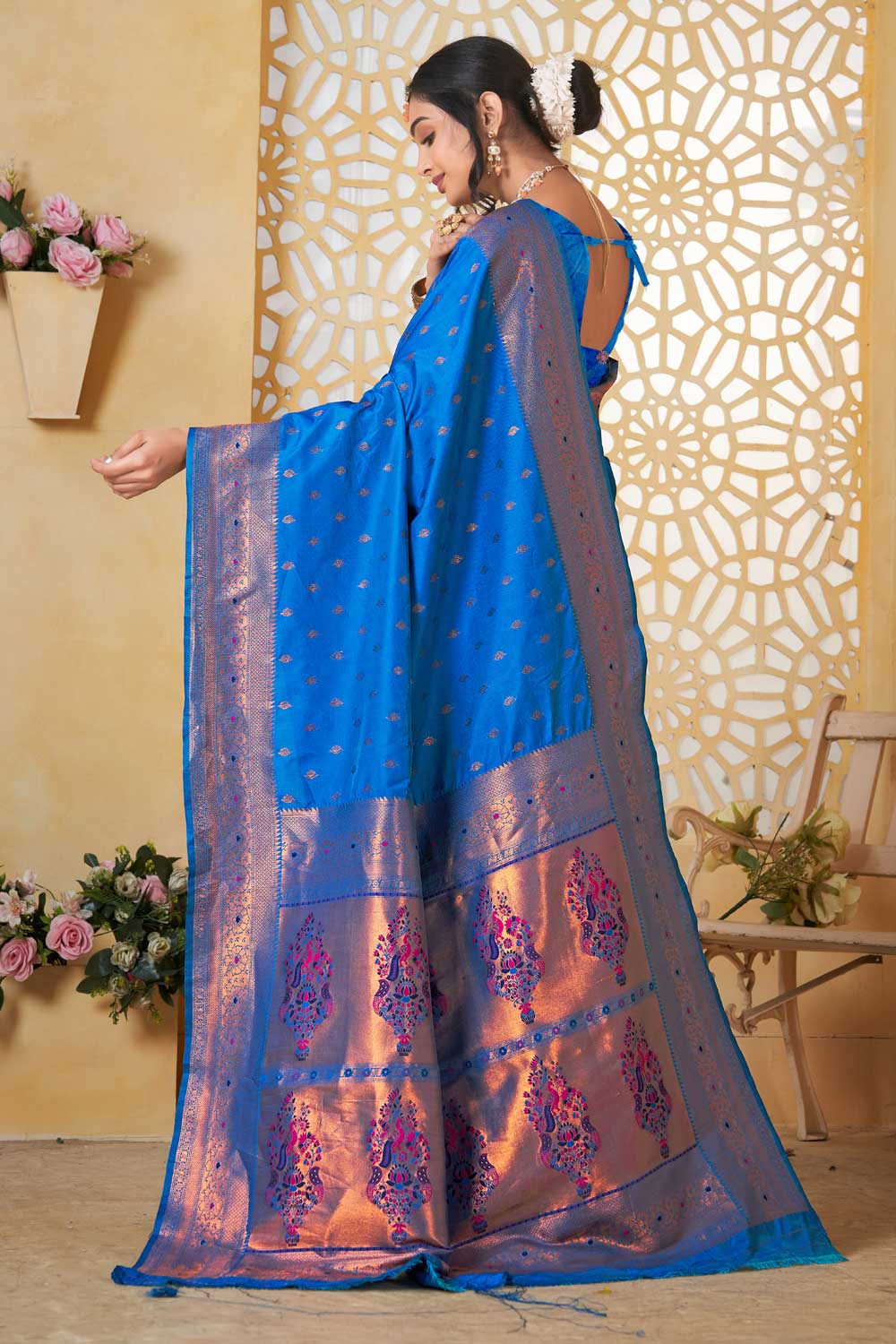 Engaging Festive Style Blue Color Paithani Silk Saree | Buy Online India