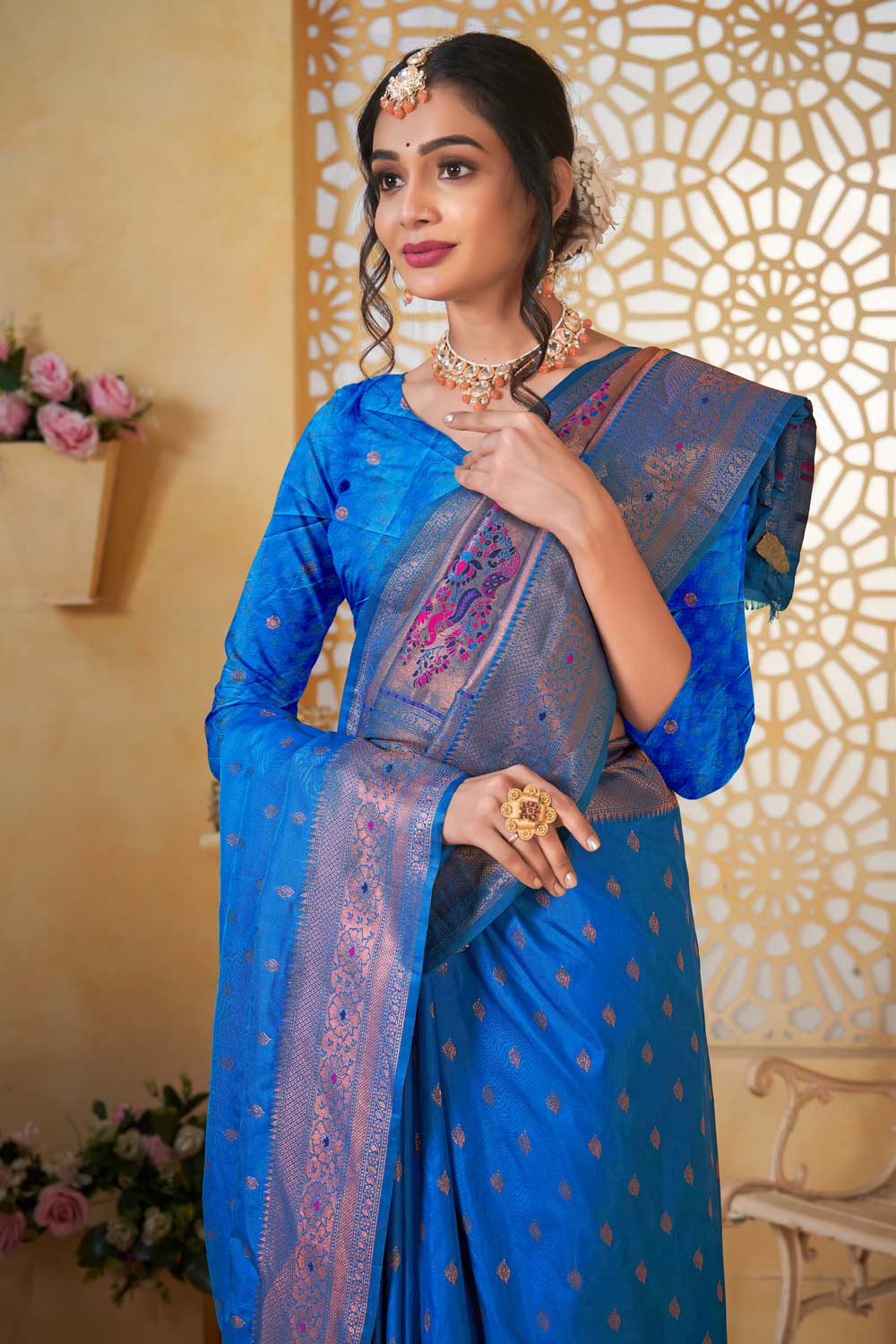 Engaging Festive Style Blue Color Paithani Silk Saree | Buy Online India