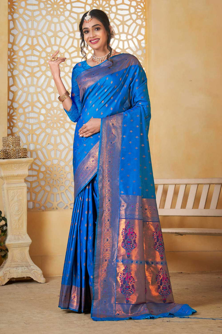 Engaging Festive Style Blue Color Paithani Silk Saree | Buy Online India