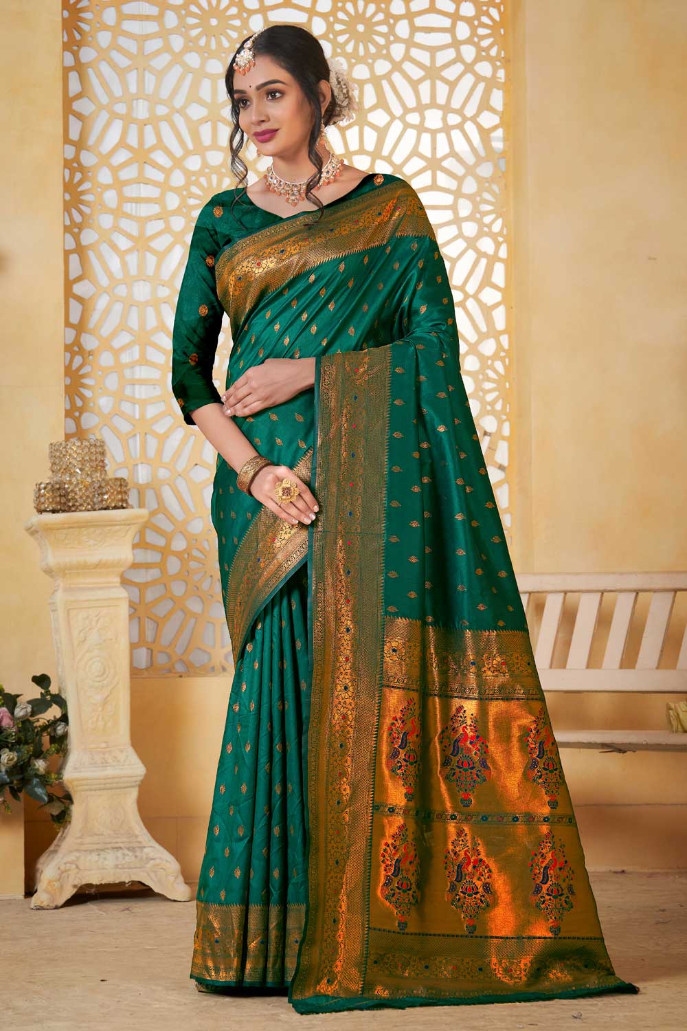 Amazing Festive Look Green Color Paithani Silk Saree | Buy Online India