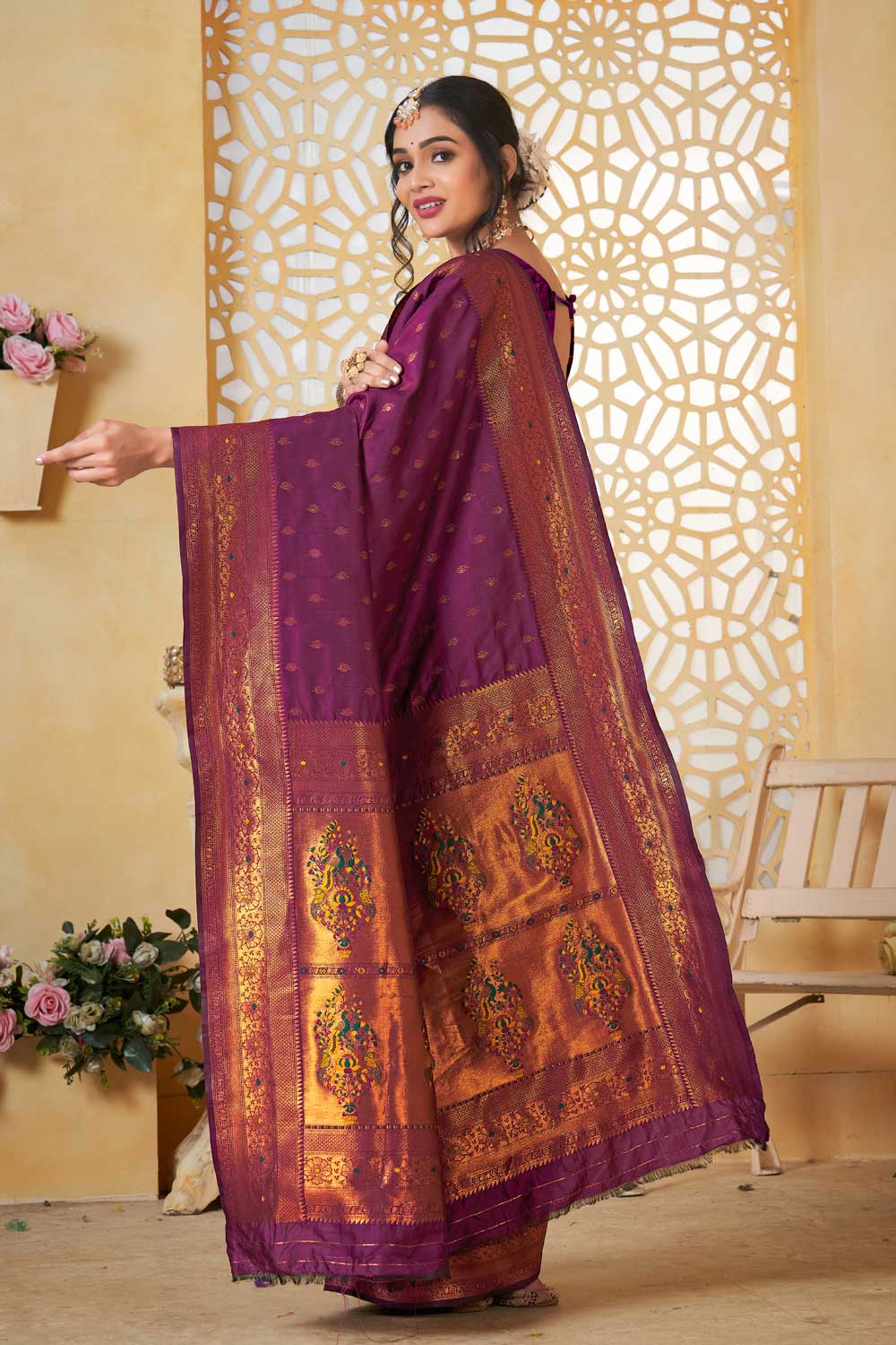 Trendy Paithani Silk Wine Color Festive Wear Saree | Buy Online India