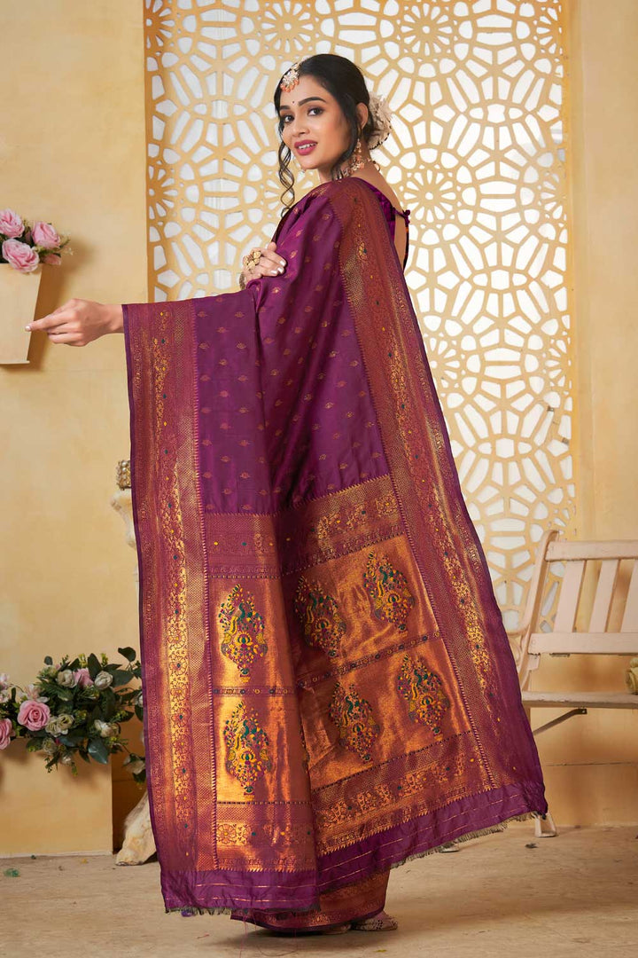 Trendy Paithani Silk Wine Color Festive Wear Saree | Buy Online India