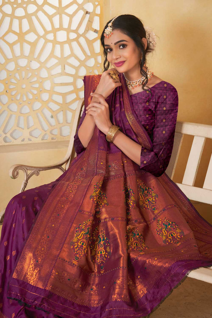 Trendy Paithani Silk Wine Color Festive Wear Saree | Buy Online India