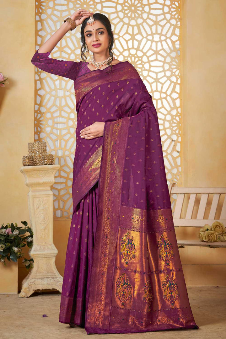 Trendy Paithani Silk Wine Color Festive Wear Saree | Buy Online India