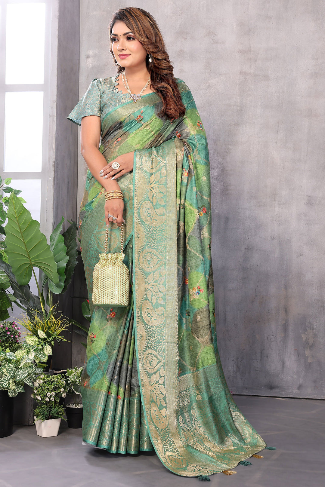 Jacquard Fabric Green Color Riveting Digital Printed Saree | Buy Online India