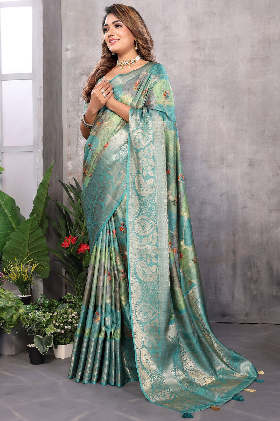 Teal Color Jacquard Fabric Engaging Digital Printed Saree | Buy Online India