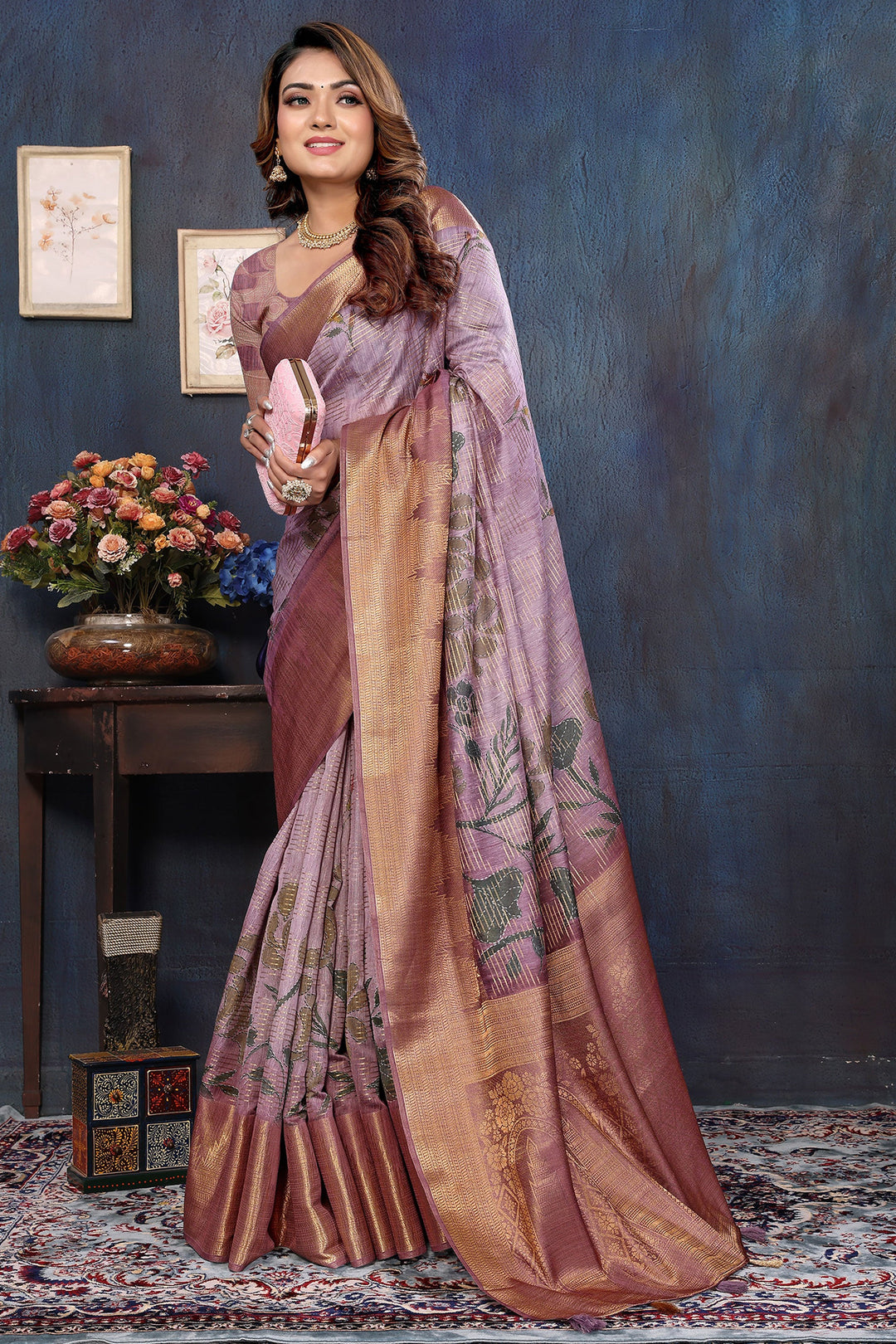 Tempting Jacquard Fabric Purple Color Saree With Digital Printed Work | Buy Online India