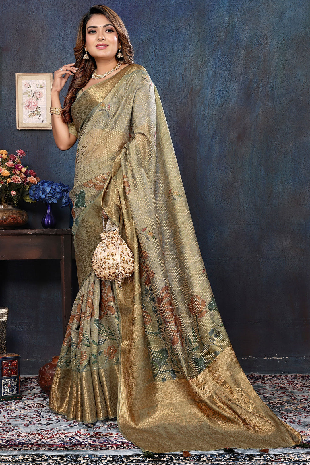 Engaging Chikoo Brown Color Jacquard Fabric Saree With Digital Printed Work | Buy Online India