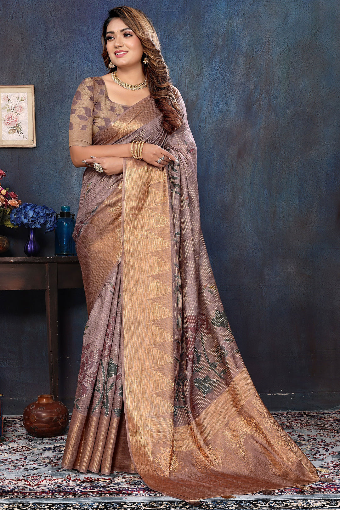 Digital Printed Work On Brown Color Gorgeous Saree In Jacquard Fabric | Buy Online India