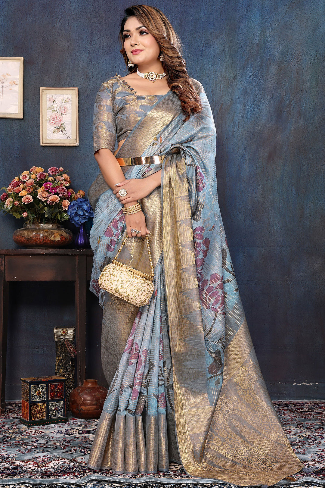 Jacquard Fabric Sky Blue Color Saree With Winsome Digital Printed Work | Buy Online India