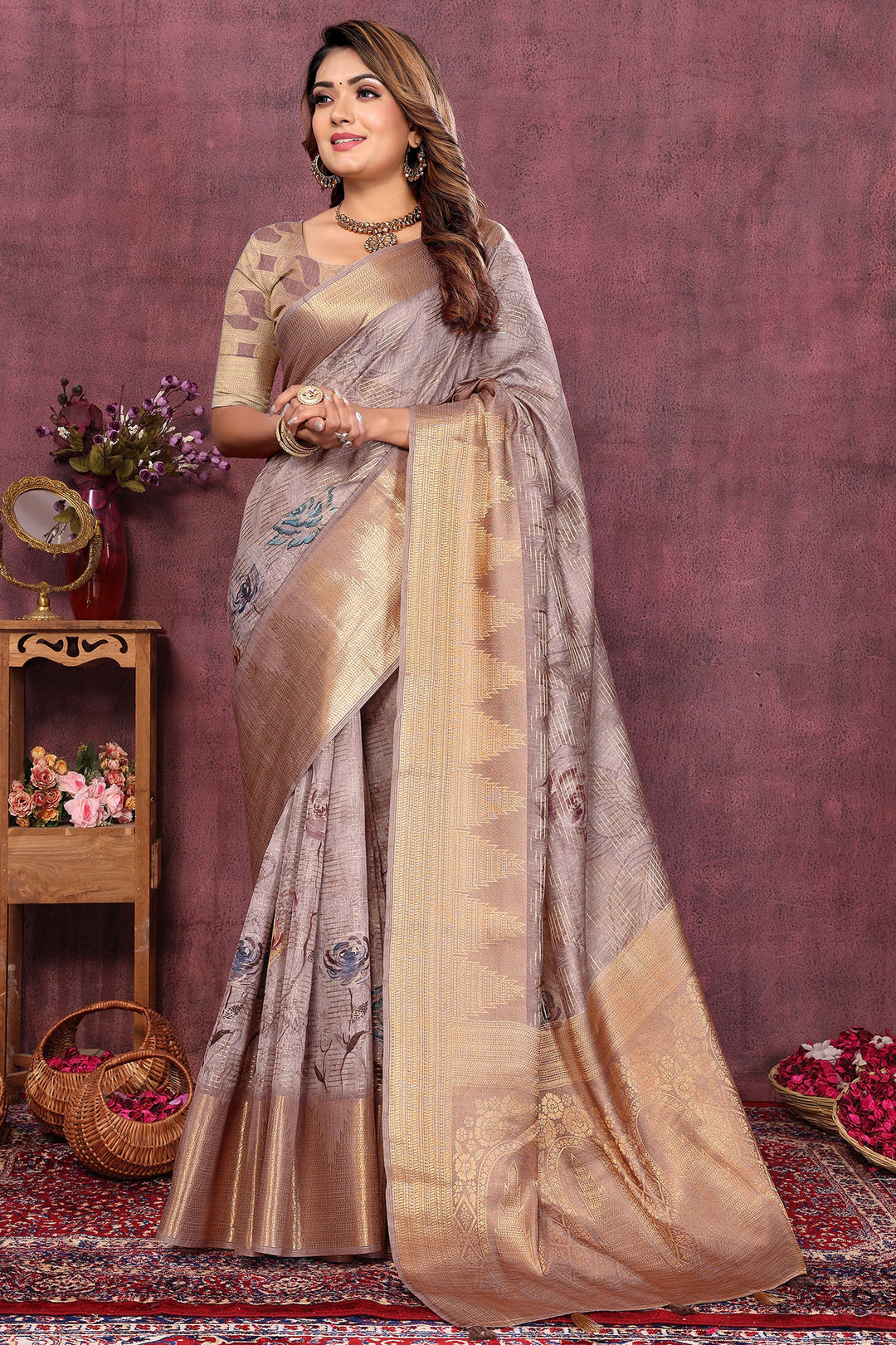 Tempting Jacquard Fabric Brown Color Digital Printed Saree | Buy Online India