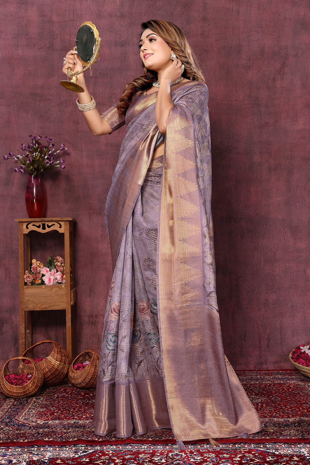 Engaging Purple Color Jacquard Fabric Digital Printed Saree | Buy Online India