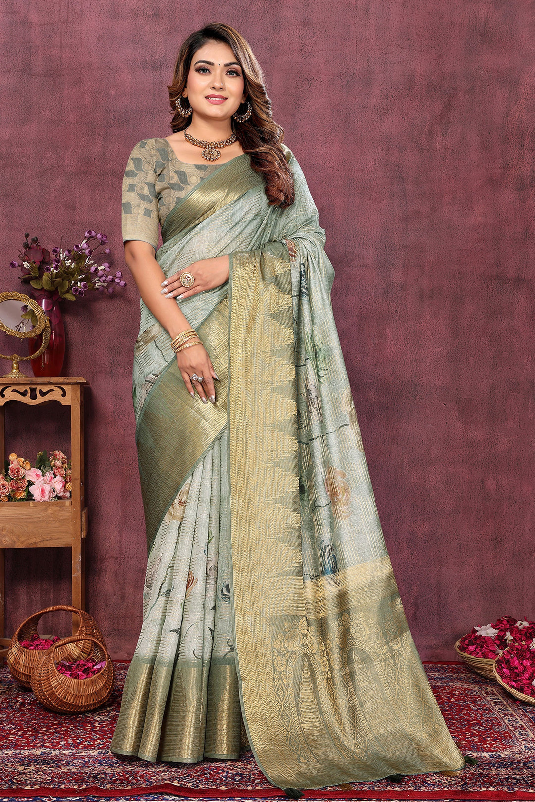 Classic Digital Printed Sea Green Color Saree In Jacquard Fabric | Buy Online India