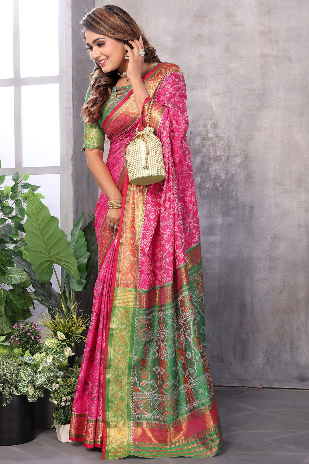 Jacquard Fabric Rani Pink Color Delicate Weaving Patola Saree | Buy Online India