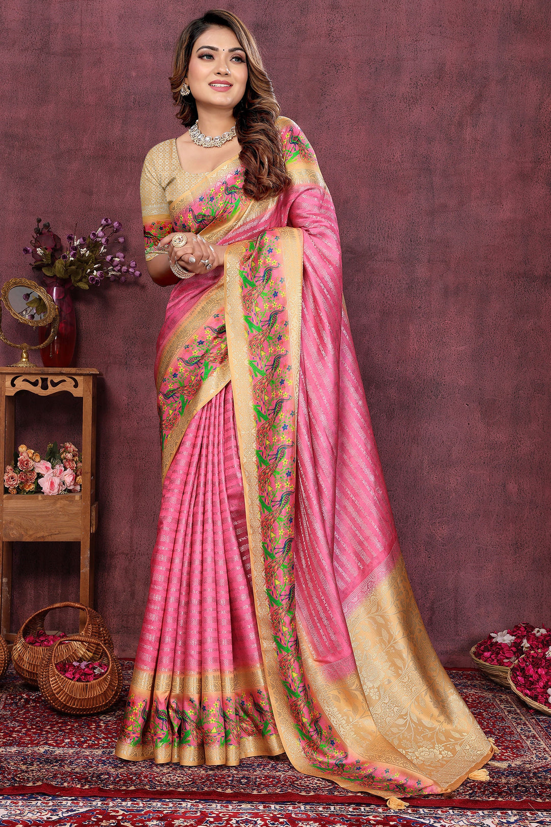 Weaving Work On Awesome Jacquard Fabric Saree In Pink Color | Buy Online India
