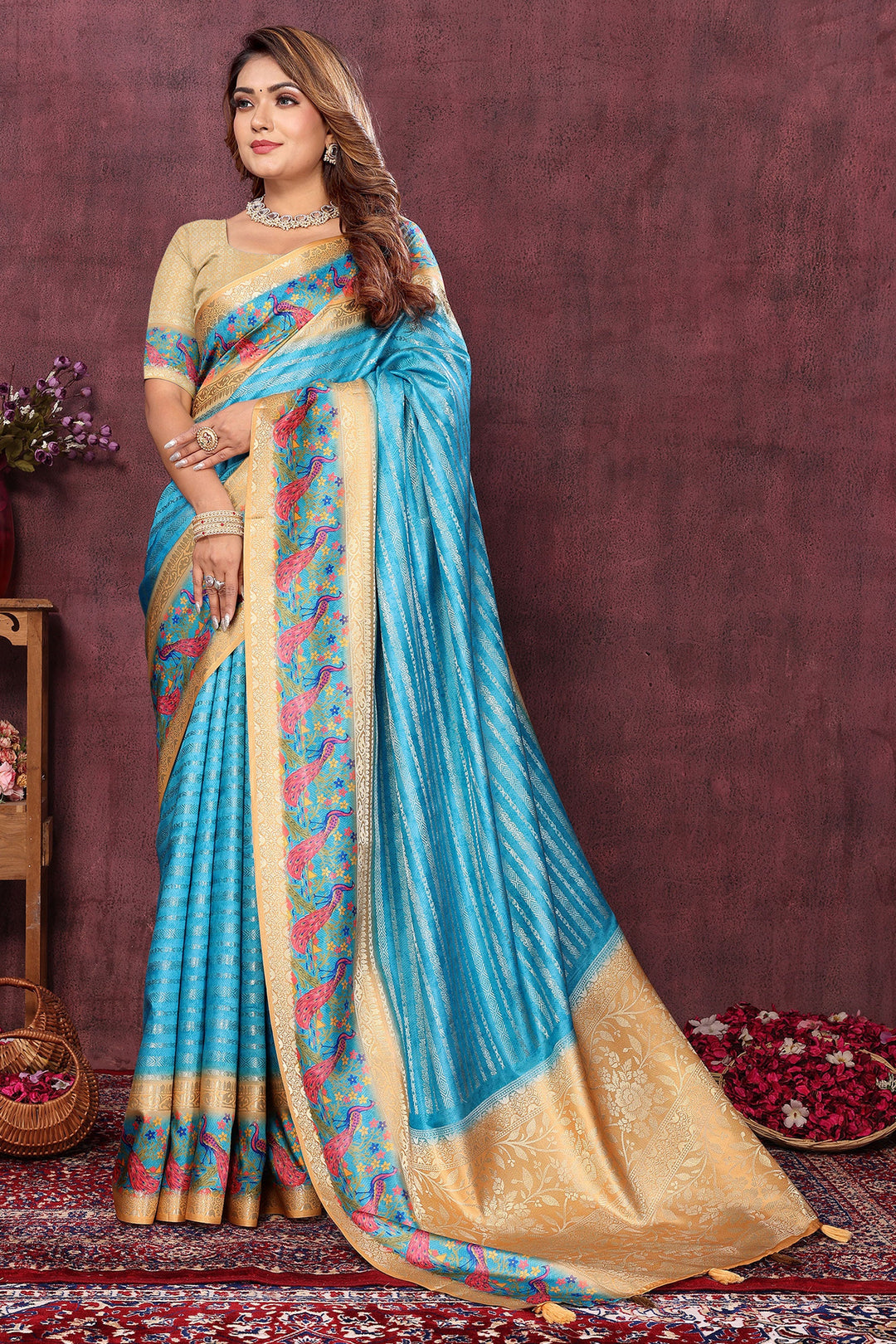Sky Blue Color Fantastic Jacquard Fabric Saree With Weaving Work | Buy Online India