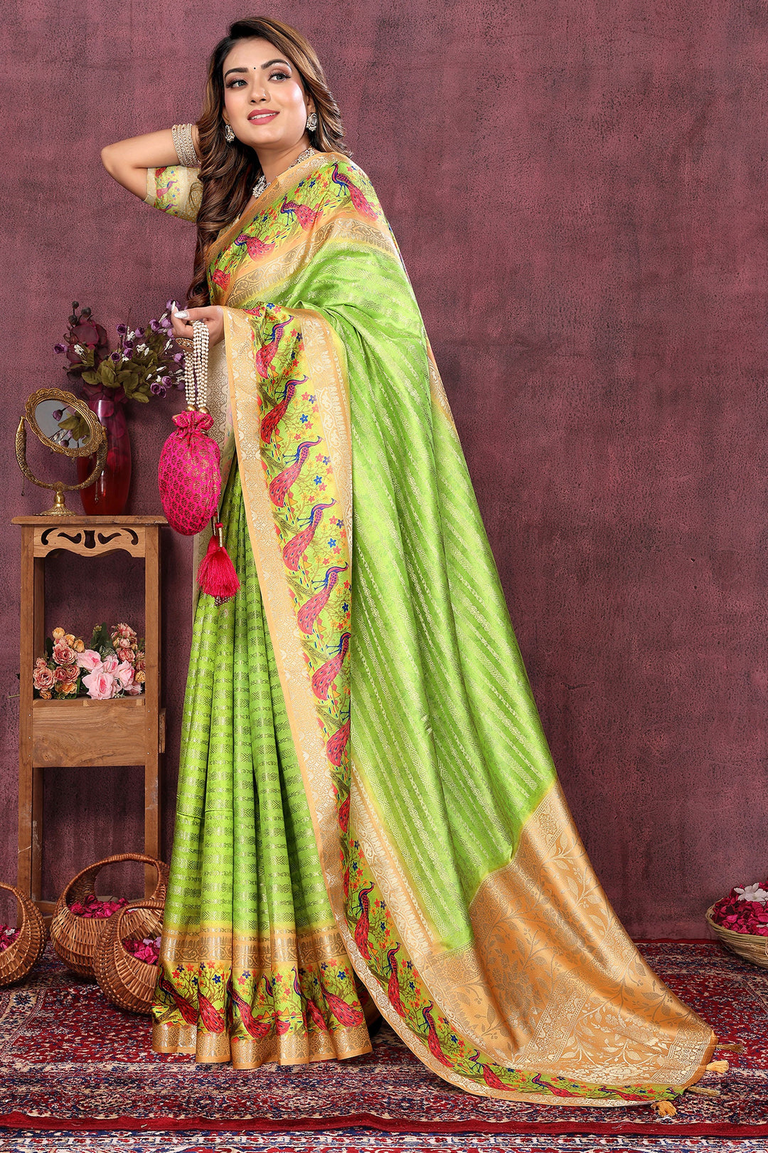 Weaving Work On Green Color Aristocratic Jacquard Fabric Saree | Buy Online India