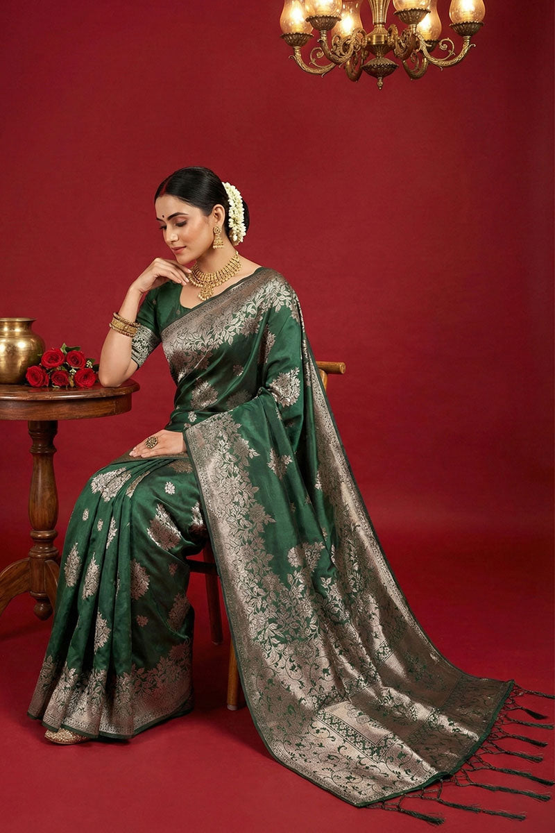 Blazing Dark Green Weaving Work Silk Blend Saree