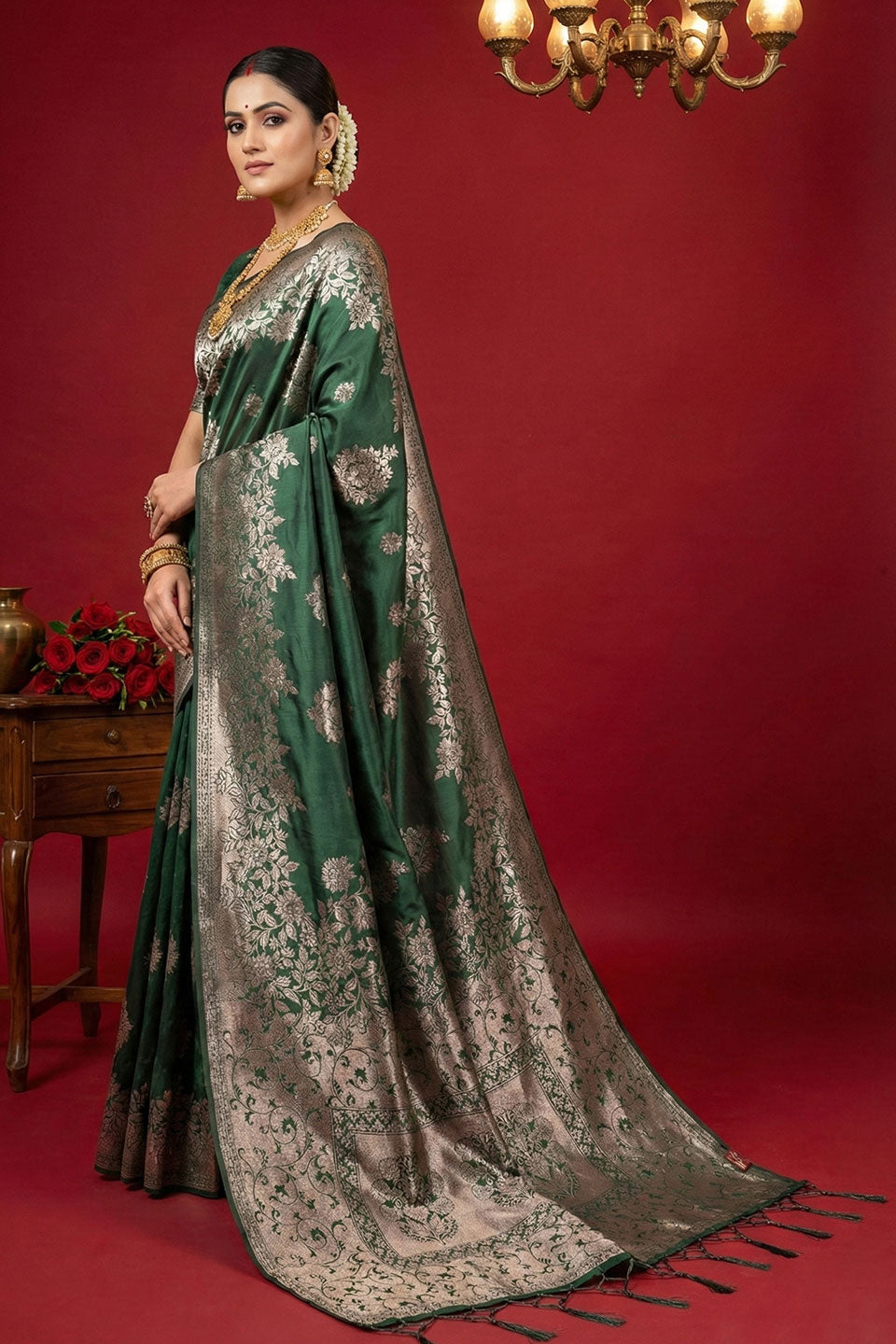Blazing Dark Green Weaving Work Silk Blend Saree