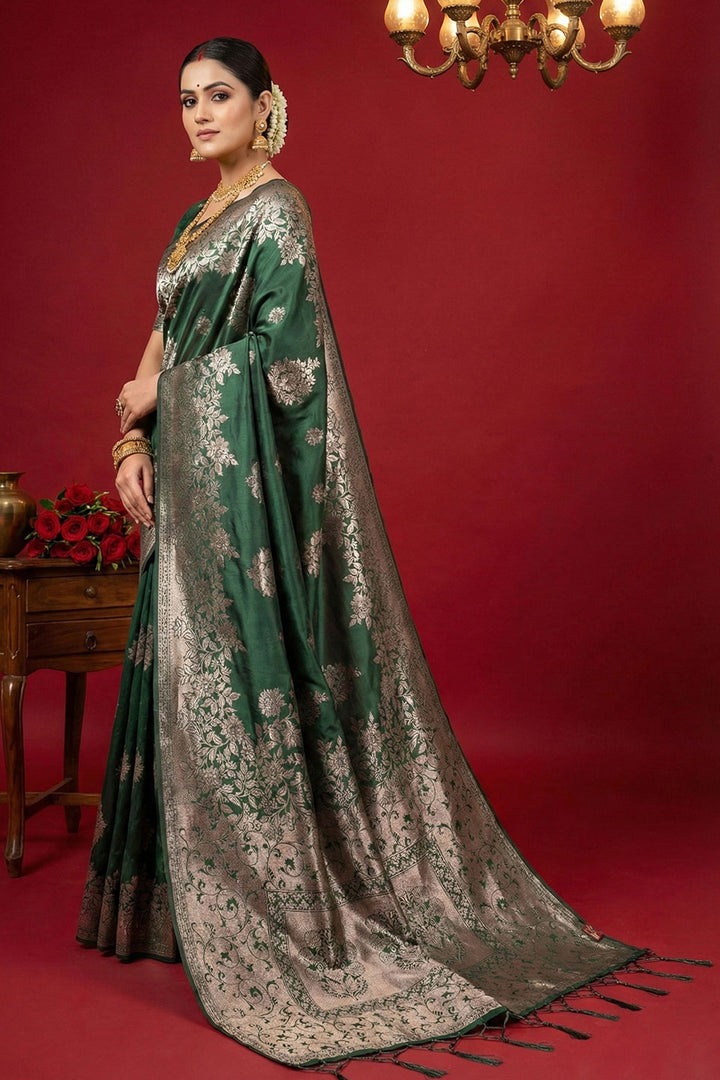 Blazing Dark Green Weaving Work Silk Blend Saree