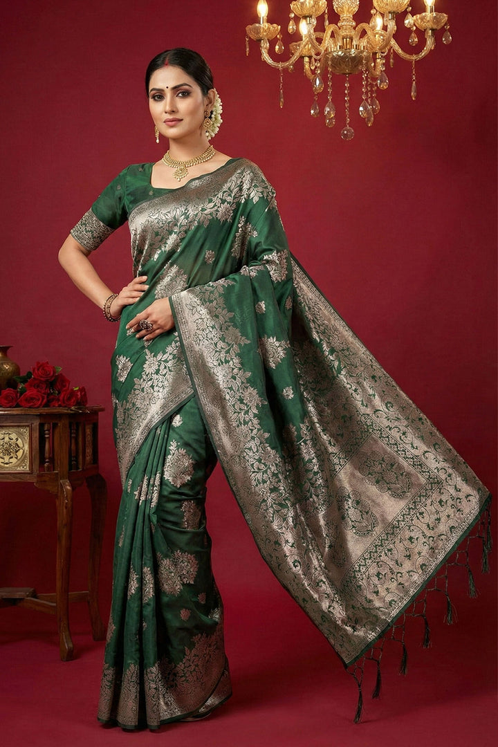 Blazing Dark Green Weaving Work Silk Blend Saree