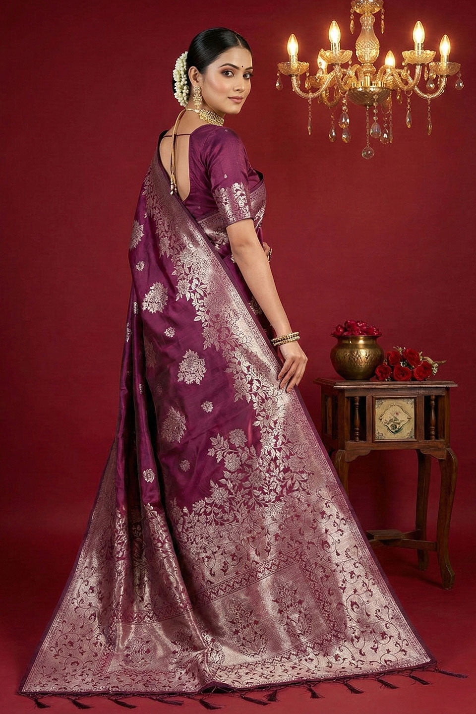 Purple Weaving Work Glamorous Silk Blend Saree