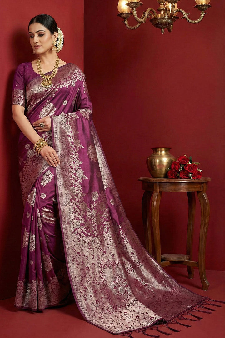 Purple Weaving Work Glamorous Silk Blend Saree