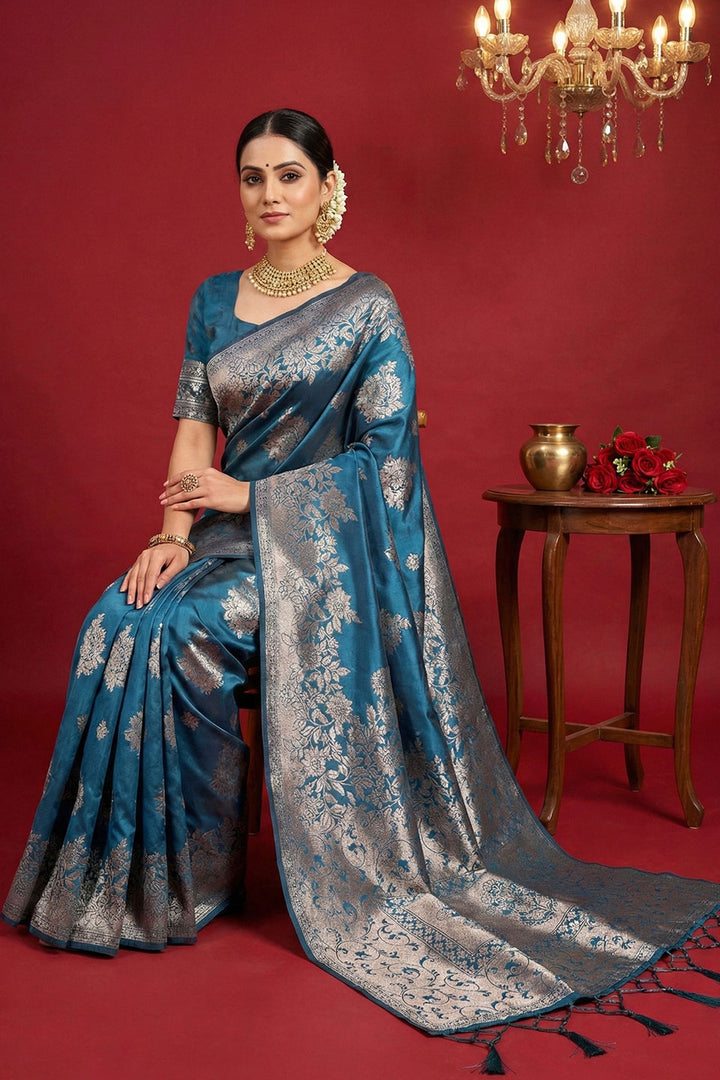 Teal Color Sober Weaving Work Silk Blend Saree