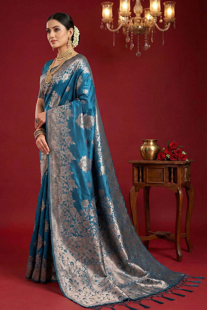 Teal Color Sober Weaving Work Silk Blend Saree