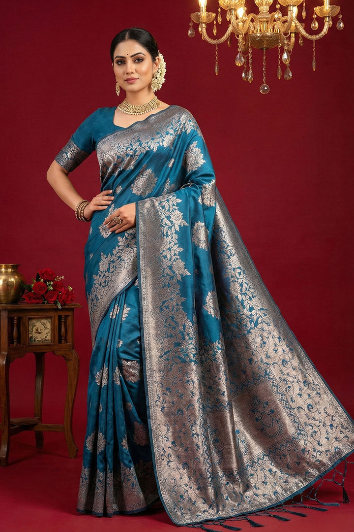 Teal Color Sober Weaving Work Silk Blend Saree