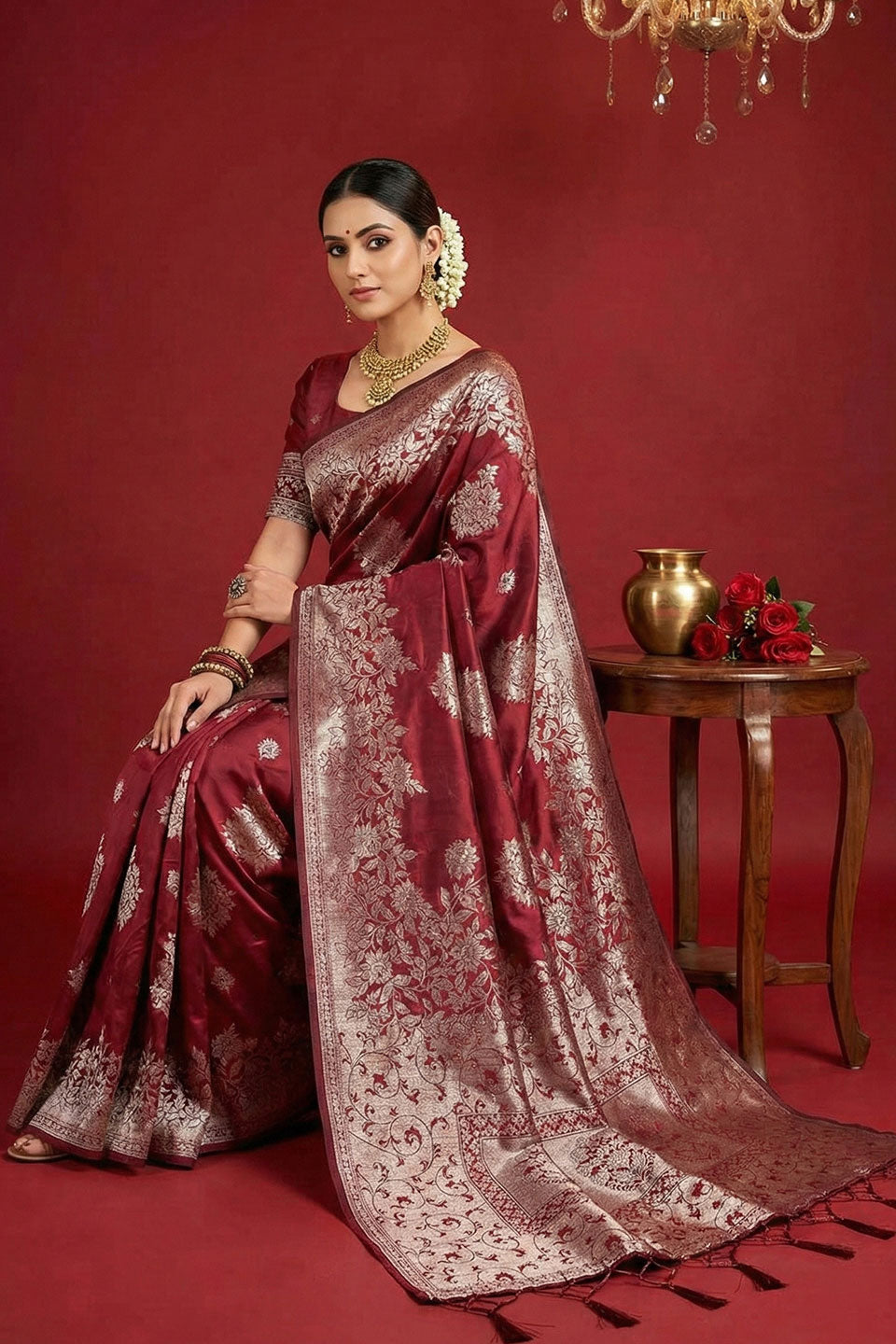 Weaving Work Attractive Silk Blend Maroon Saree