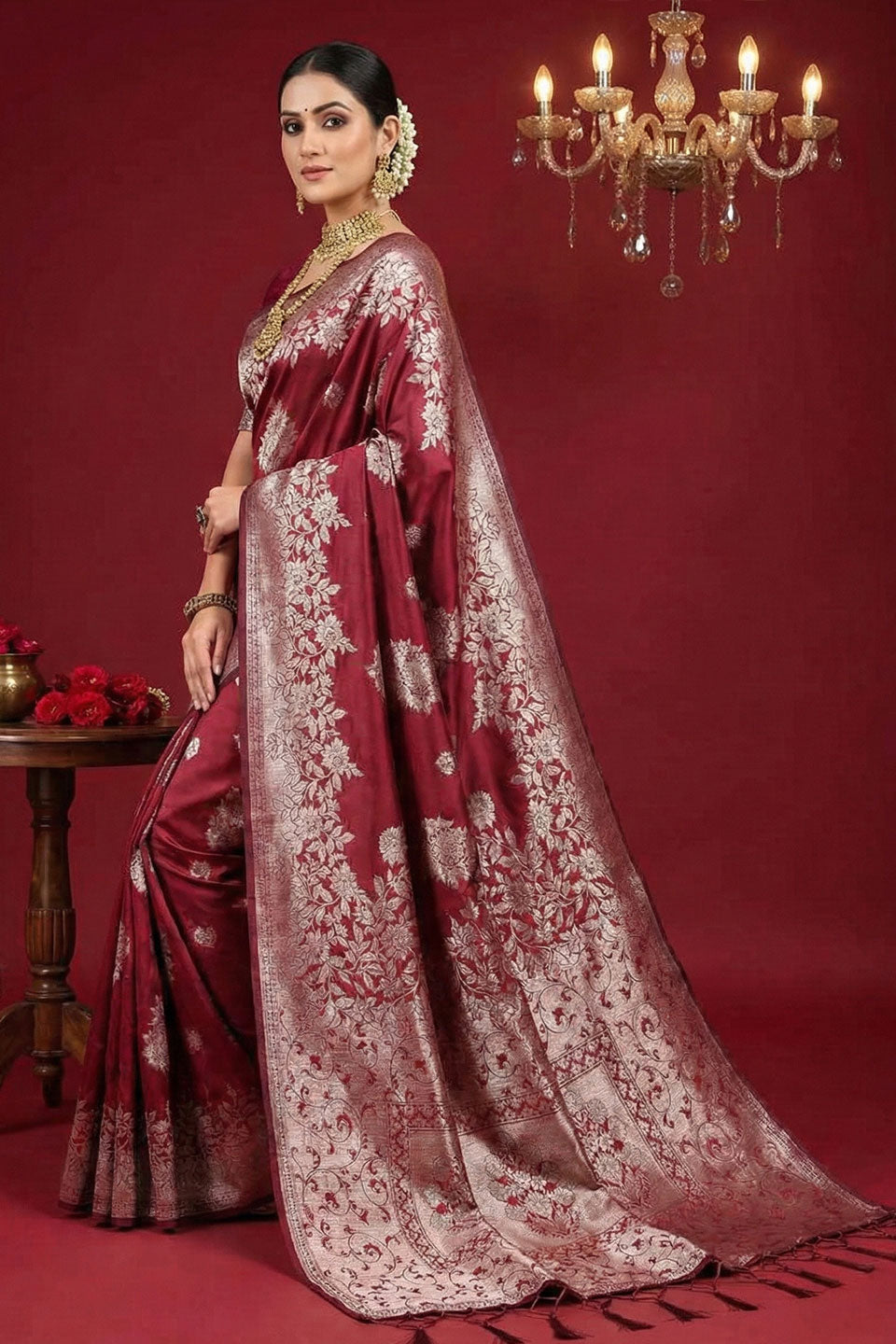 Weaving Work Attractive Silk Blend Maroon Saree