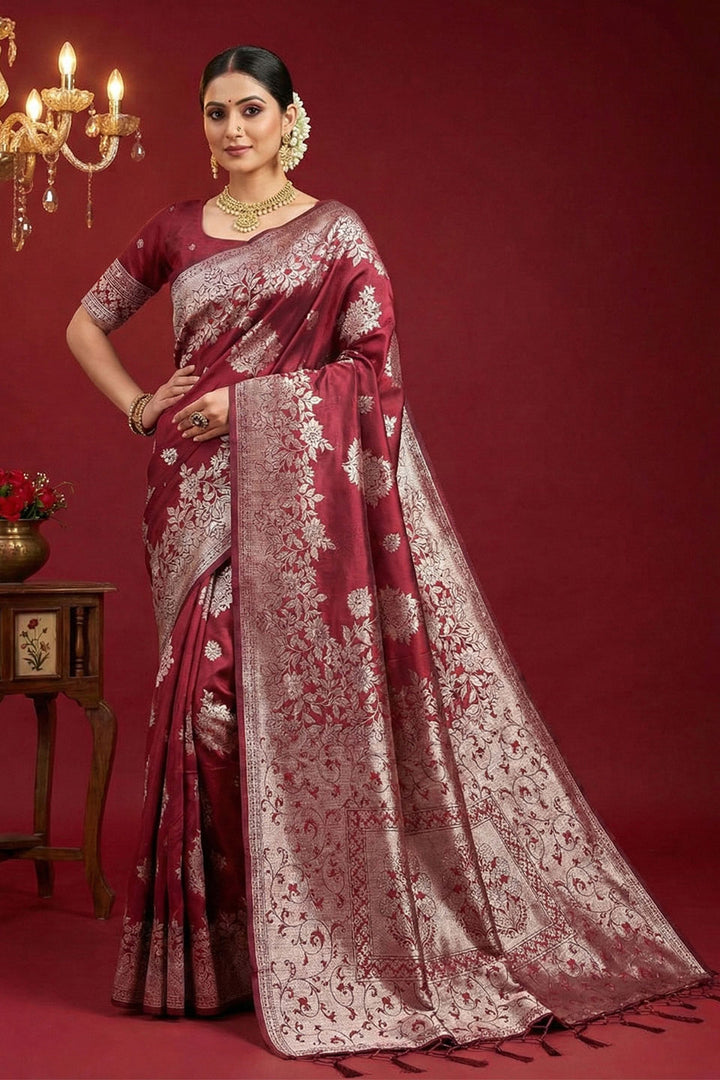 Weaving Work Attractive Silk Blend Maroon Saree