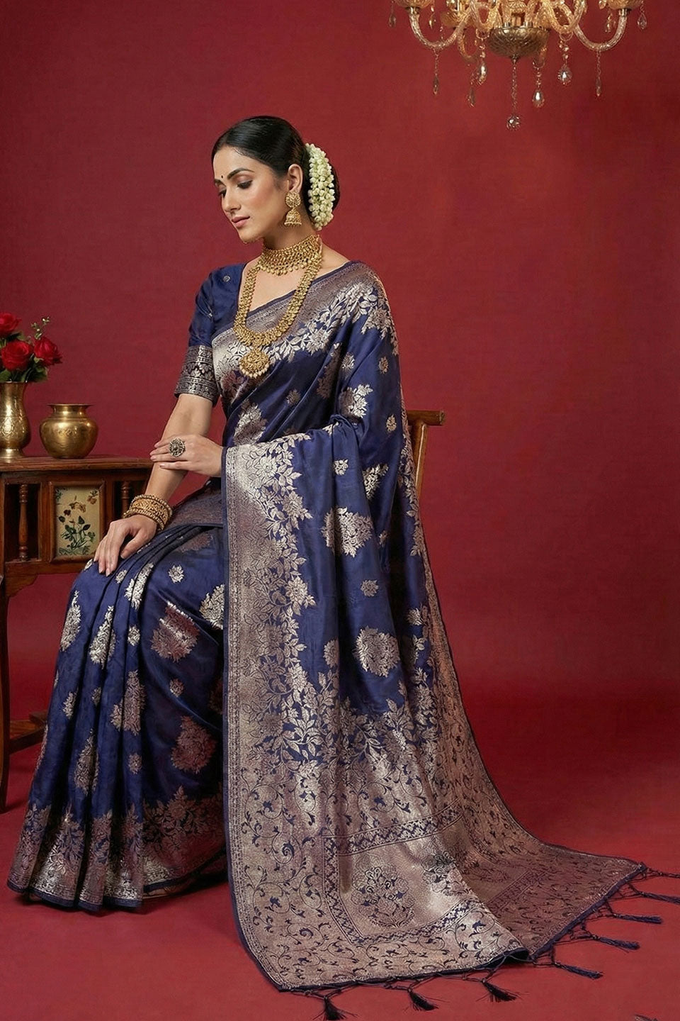 Alluring Navy Blue Color Weaving Work Silk Blend Saree