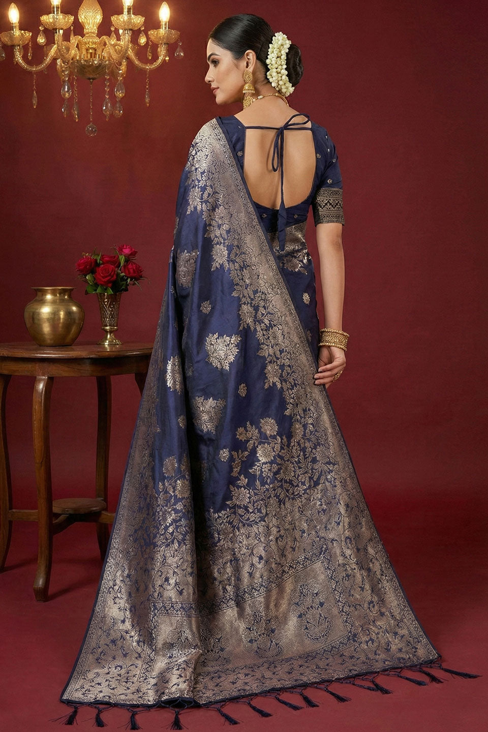 Alluring Navy Blue Color Weaving Work Silk Blend Saree