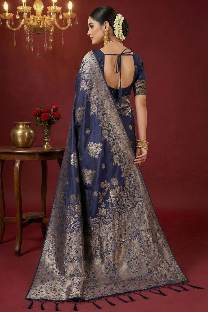 Alluring Navy Blue Color Weaving Work Silk Blend Saree