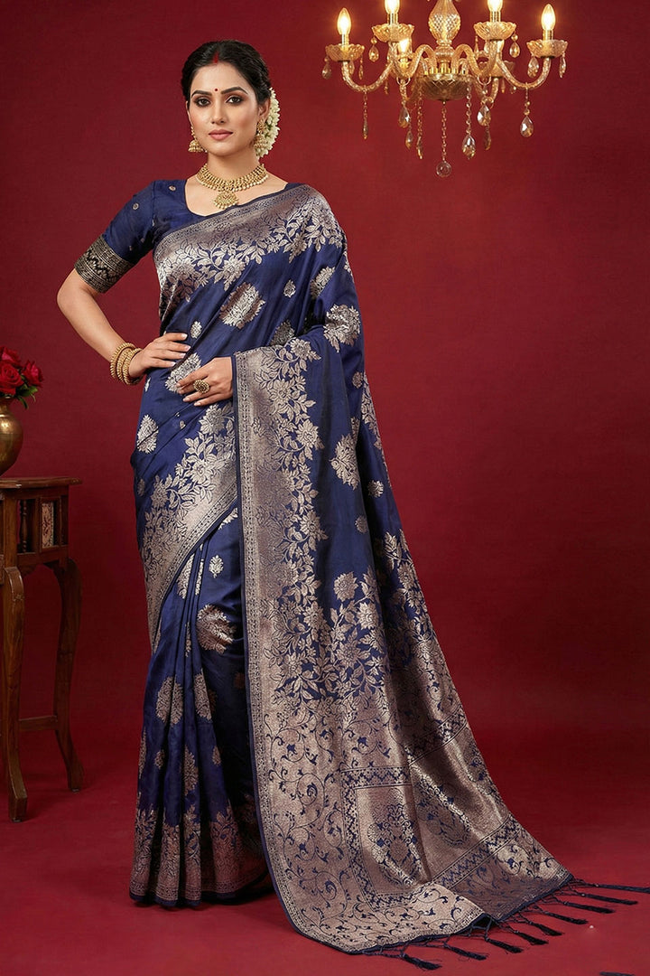 Alluring Navy Blue Color Weaving Work Silk Blend Saree